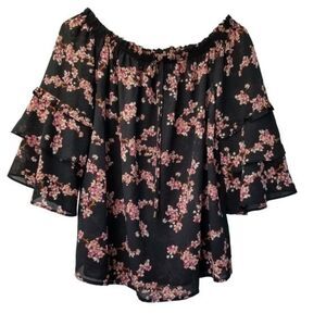 Black Floral Blouse Ruffle Belle Sleeves M